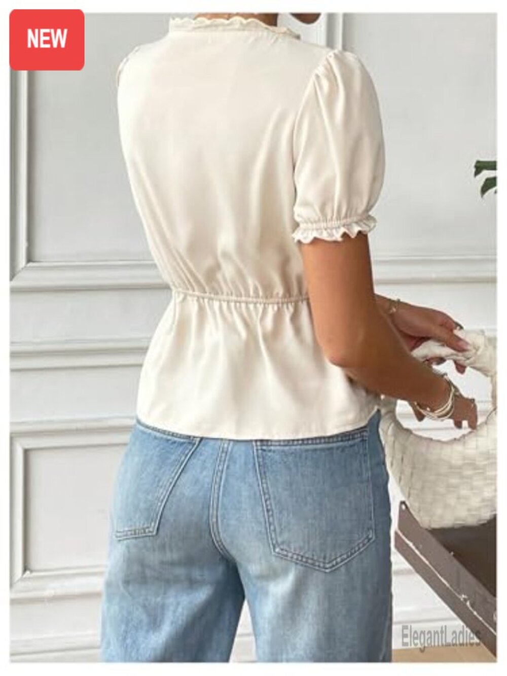 Boho Eyelet Embroidery Blouse Puff Sleeve V Neck - Picture 3 of 5